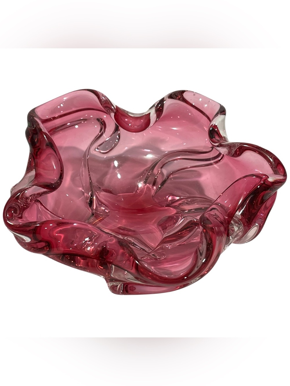 Vintage 1960s Josef Hospodka Raspberry Pink Art Glass Floral Vase Centerpiece